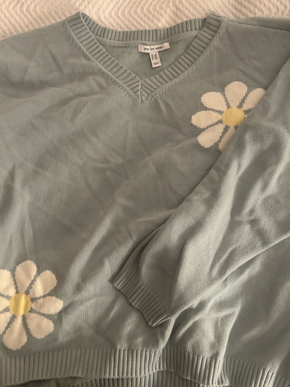 Peace Love World Daisy V-Neck Sweater in Light Blue:mint green and Cream